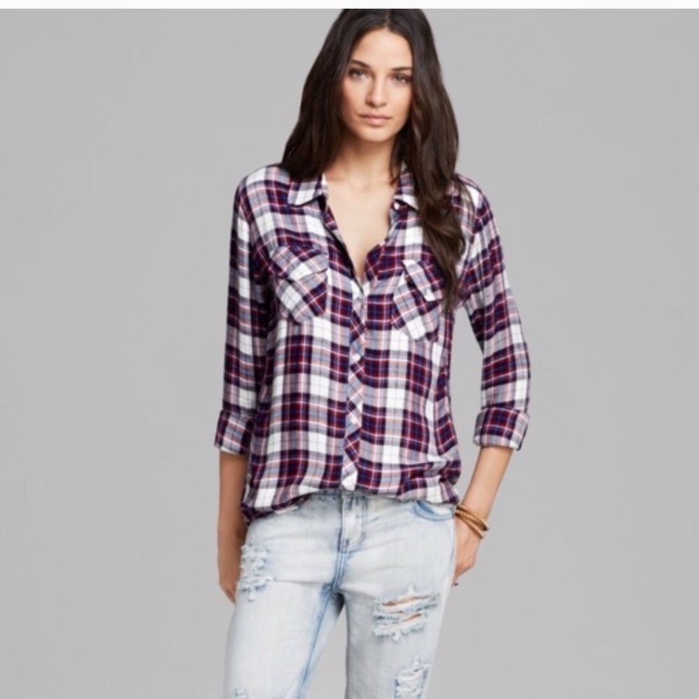 Rails Hunter‎ Plaid Button Down Shirt Navy Red White Check Rayon Womens XS